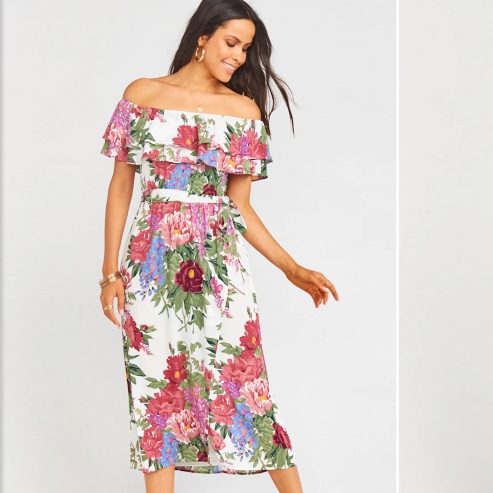 White midi dress with colorful floral print